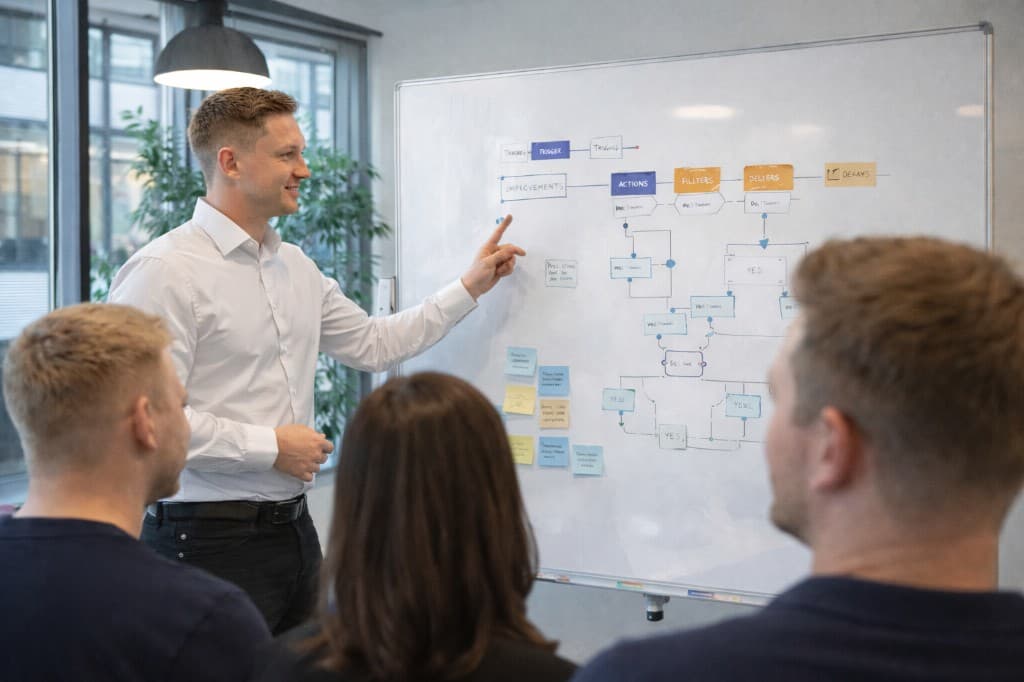 Scaile-konsulent gennemgår et flow på whiteboard med kundens team i et naturligt arbejdsmiljø.