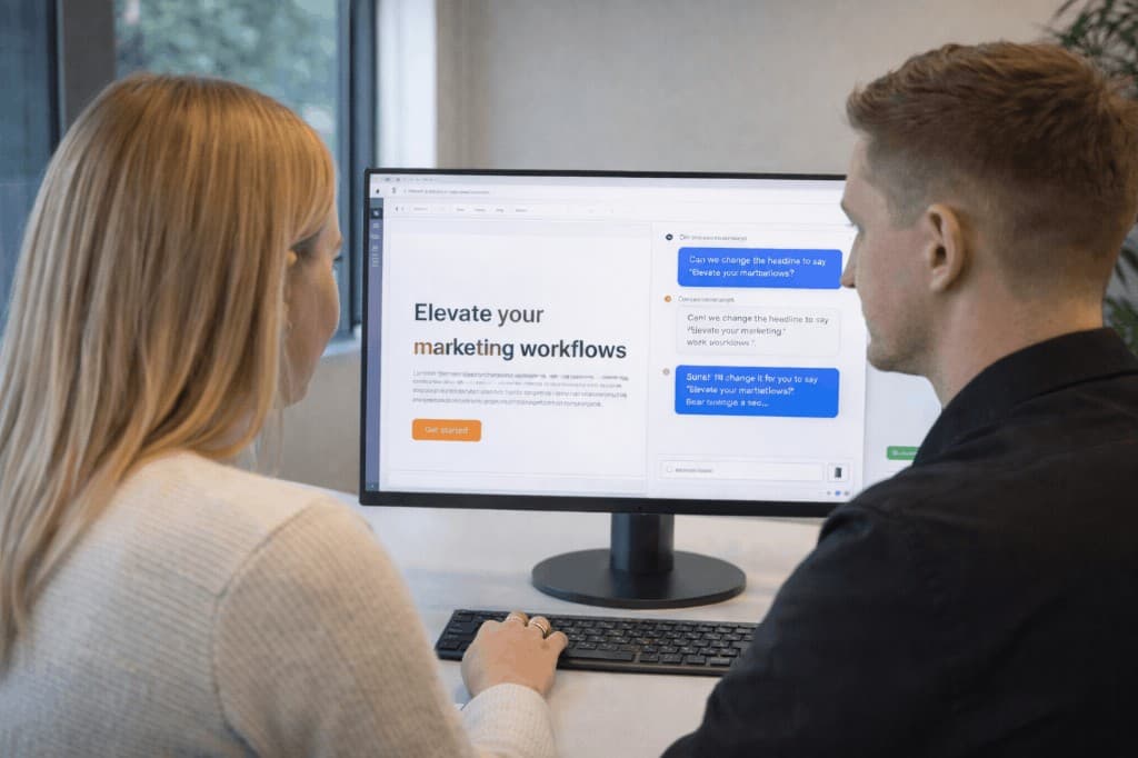 Marketing-ansvarlig og udvikler par-redigerer en hjemmeside via chat på skærmen — naturligt lys og uformel stemning.
